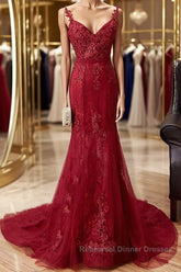 V Neck Burgundy Mermaid Lace Semi Formal Prom Dresses, Wine Red Mermaid Lace Formal Bridesmaid Dresses